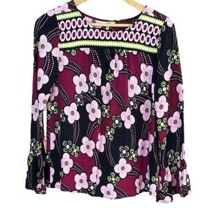 Crown & Ivy Womens Ruffle Top Black Pink Size XS Bell Sleeve Round Neck Floral